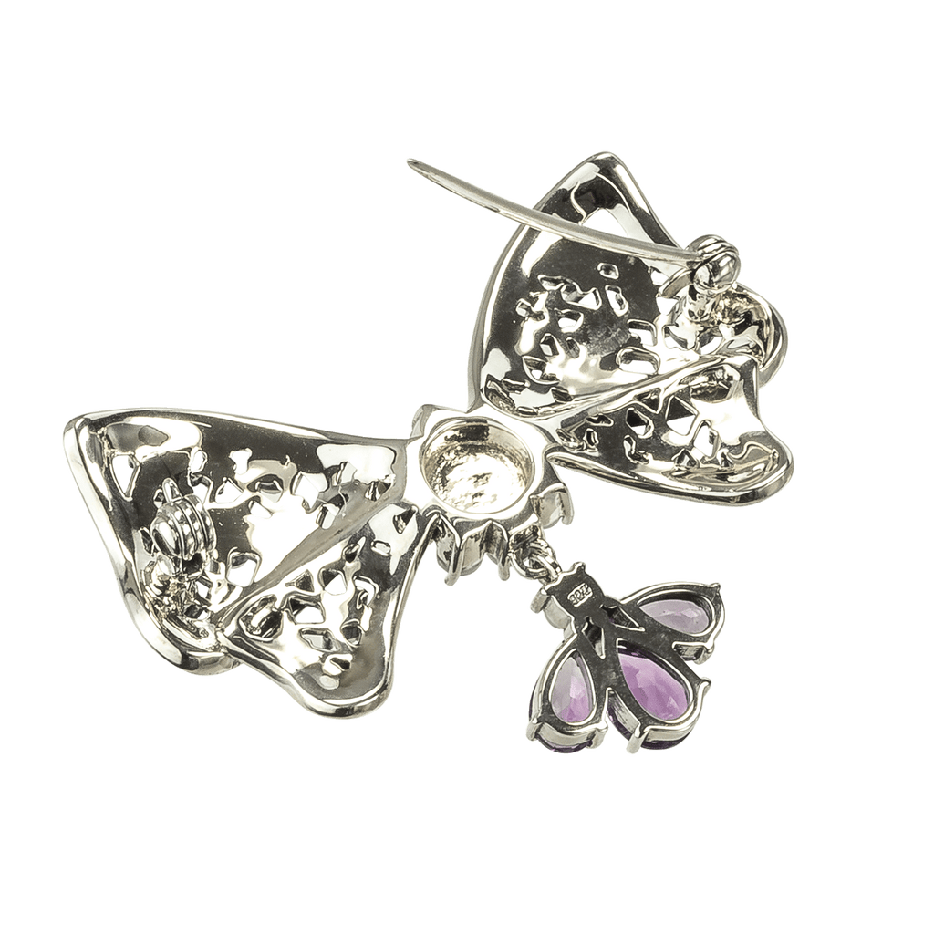 schleifenförmige 925 Silber Brosche mit Amethyst und Perlen