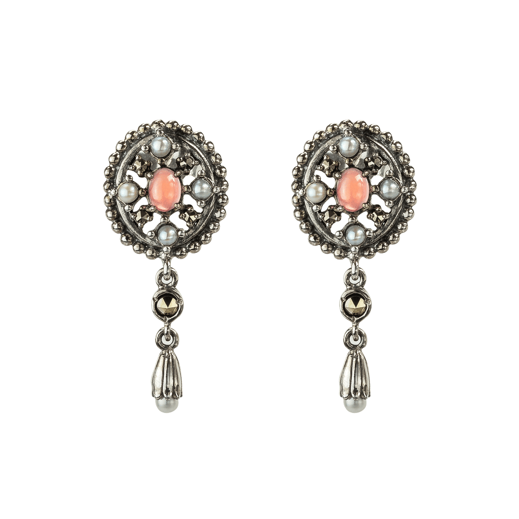 florale Ohrhänger aus 925 Silber mit Rhodolith, Opalen und Perlen