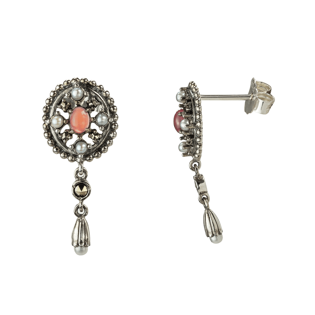 florale Ohrhänger aus 925 Silber mit Rhodolith, Opalen und Perlen