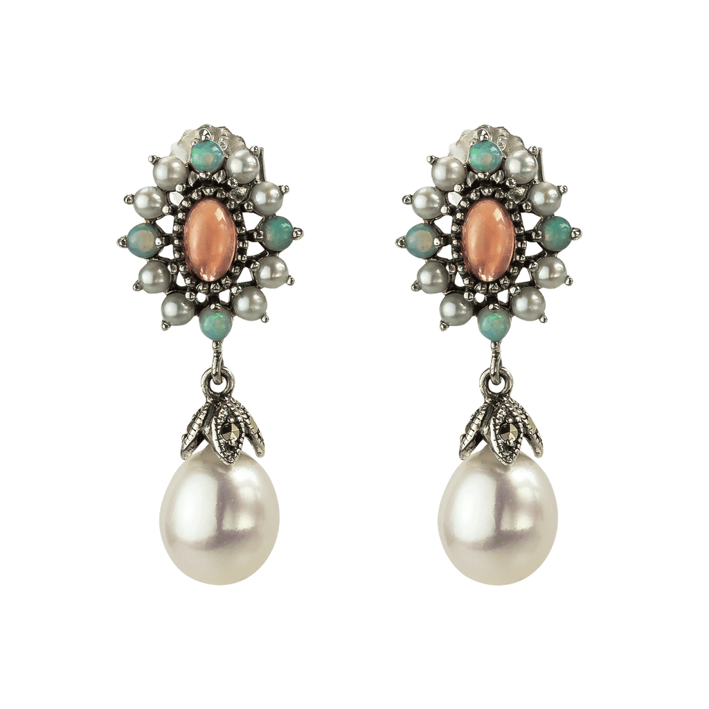 runde Ohrhänger aus 925 Silber mit Rhodolith Opal und Perle
