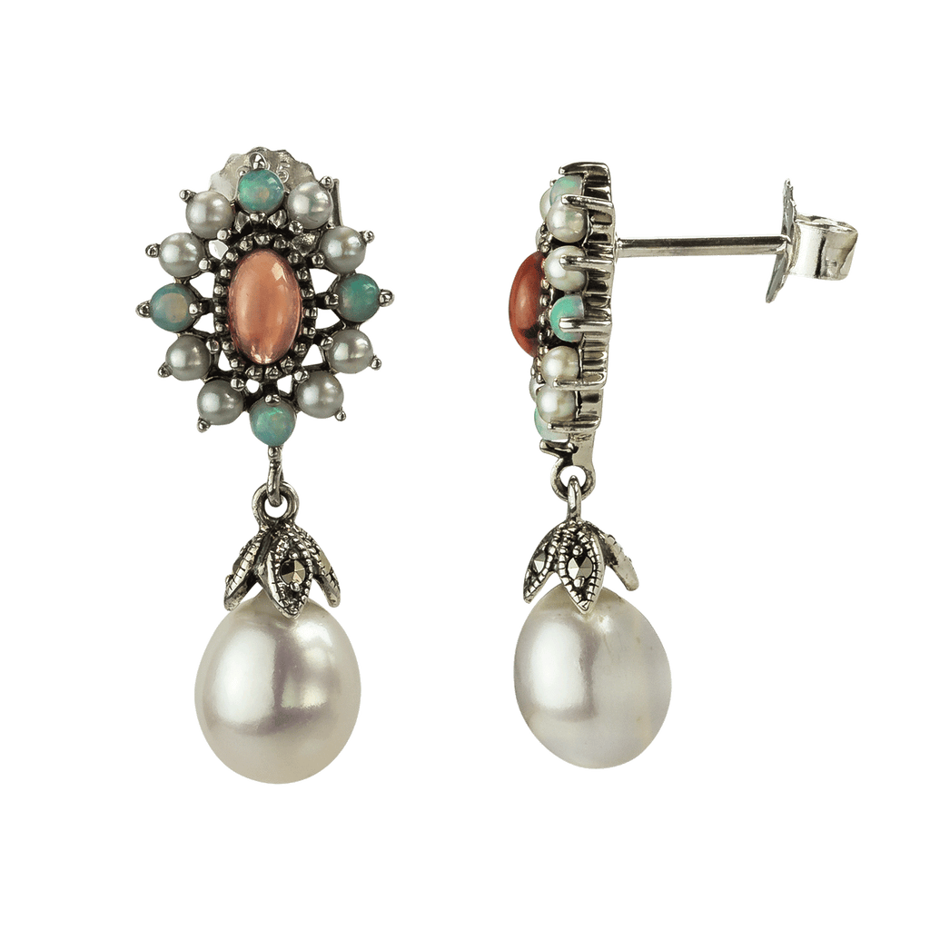 runde Ohrhänger aus 925 Silber mit Rhodolith Opal und Perle