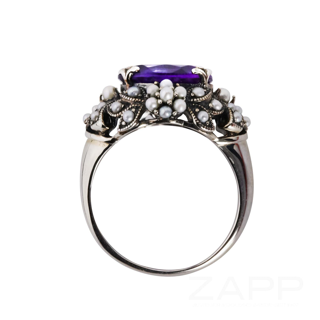 Silber Ring mit großem Amethyst und Perlen
