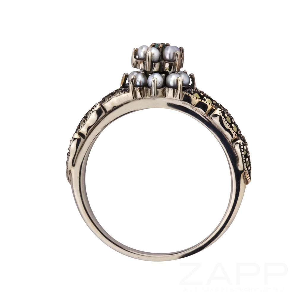 Ring im Vintage Style aus Silber mit Smaragd und Perlen