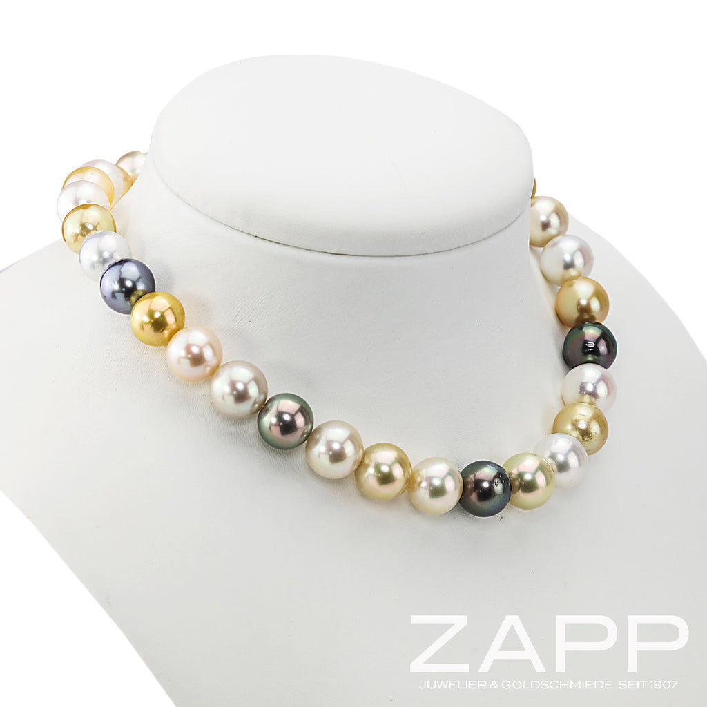 Lose Tahiti-und Südseeperlenkette 13-14 grau/weiß/gelb
