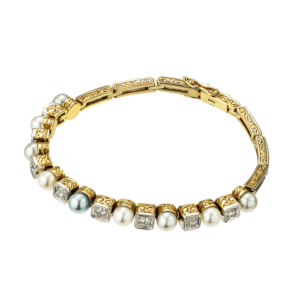 2. Hand Armband 585 Gelbgold und Weißgold mit Zuchtperlen und Diamanten