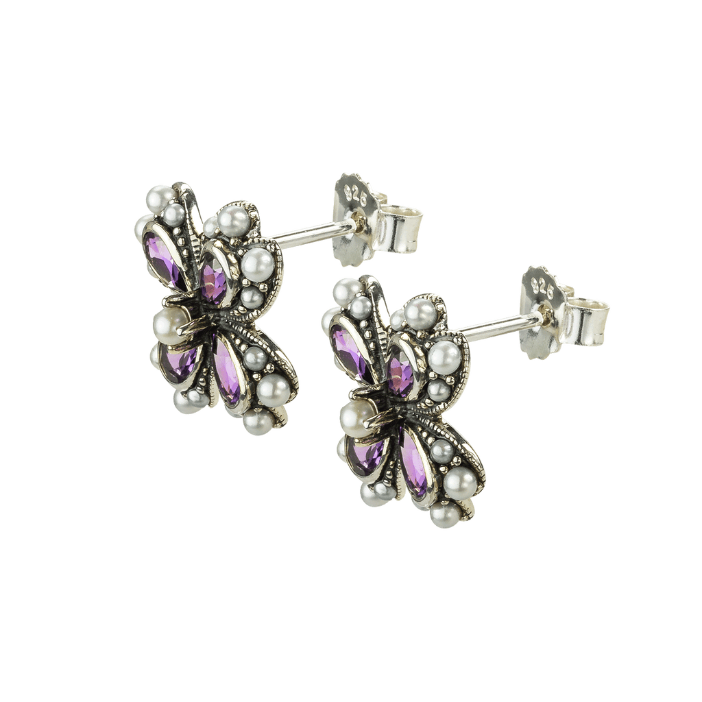 florale Ohrstecker aus 925 Silber, verziert mit Amethyst und Perlen