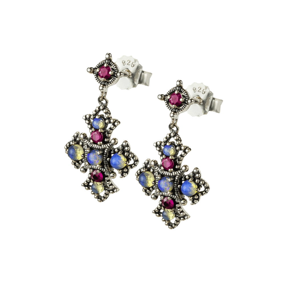 Ohrhänger aus 925 Silber verziert mit Opalen und Rubinen